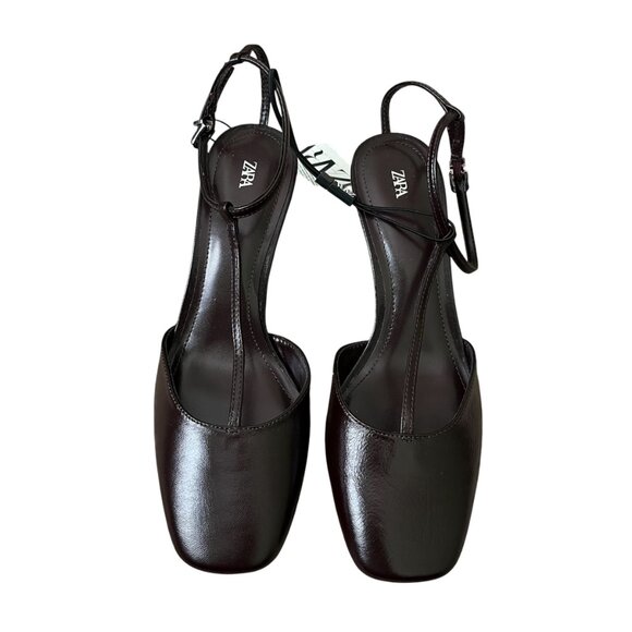 Zara Chocolate Brown Leather Heels - Size 6.5 - Square Toe & Ankle Strap Chic - Picture 6 of 10